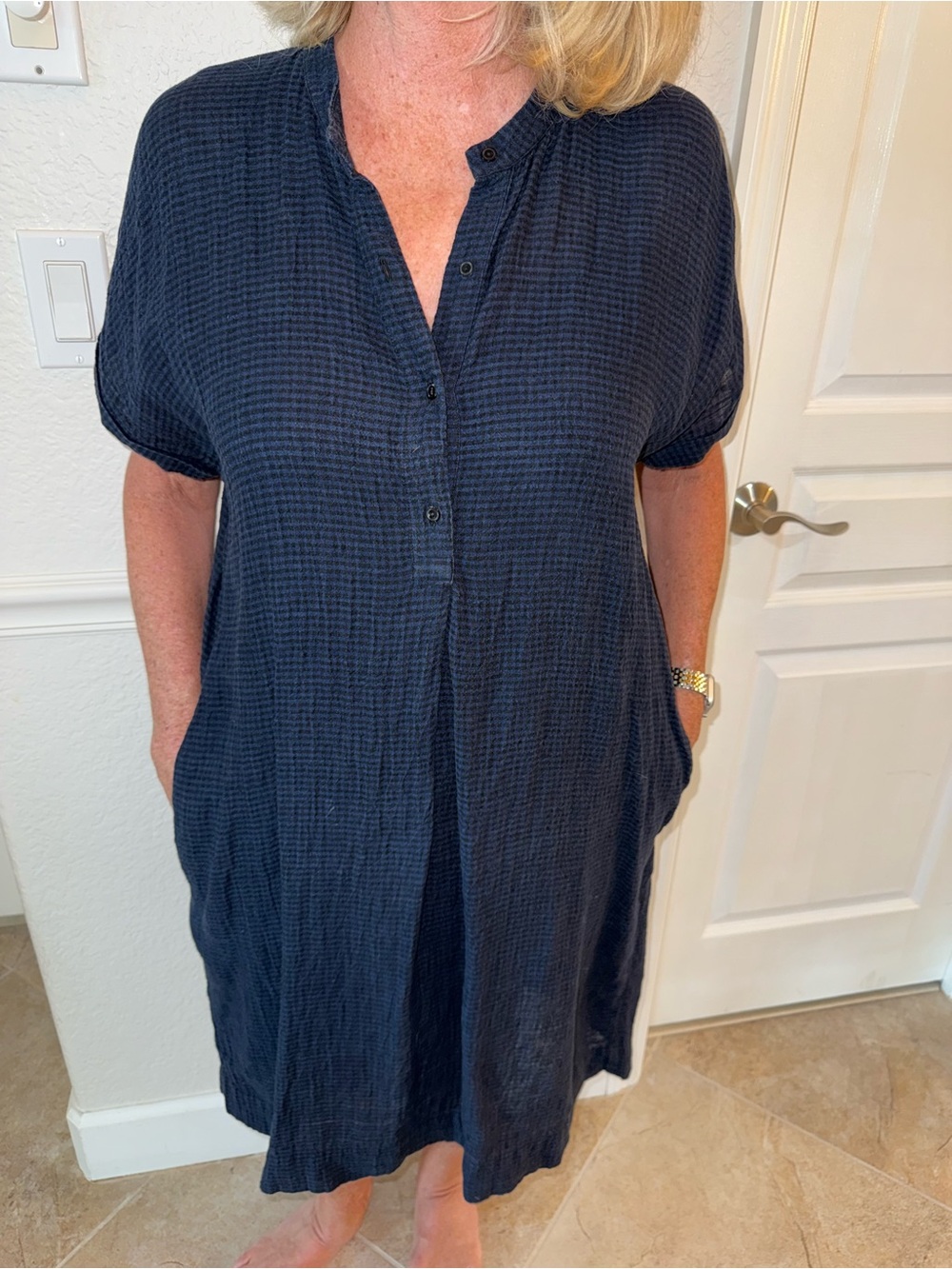 Eileen Fisher Navy Check Linen Shift Dress